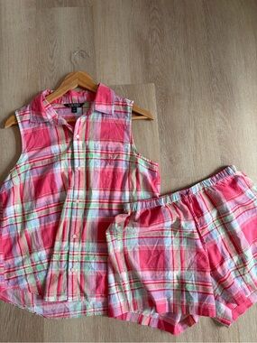 Lauren Ralph Lauren Pink Plaid Sleeveless Pajama Top & Shorts Set 100% Cotton M
